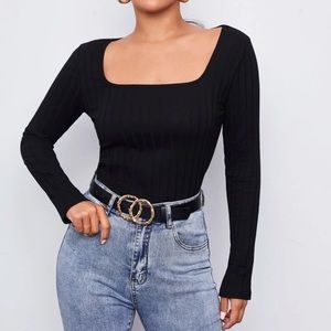 BLACK RIBBED SQUARE NECK SHIRT